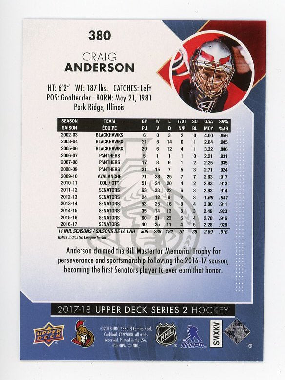 2017-2018 Craig Anderson Rainbow Foil Series 2 Upper Deck Ottawa Senators # 380
