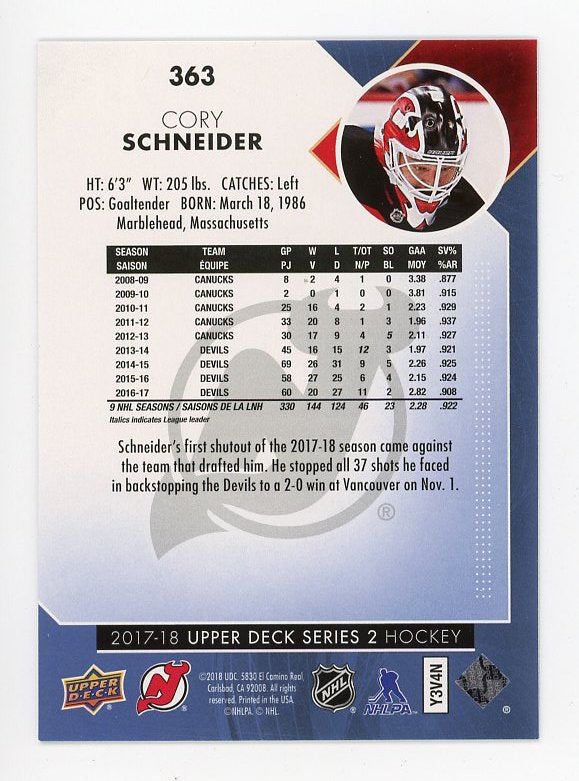 2017-2018 Cory Schneider Rainbow Foil Series 2 Upper Deck New Jersey Devils # 363