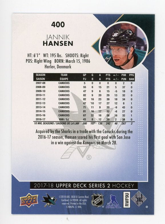 2017-2018 Jannik Hansen Rainbow Foil Series 2 Upper Deck San Jose Sharks # 400