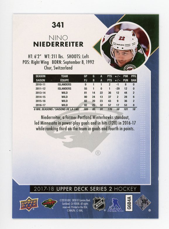2017-2018 Nino Niederreiter Rainbow Foil Series 2 Upper Deck Minnesota Wild # 341
