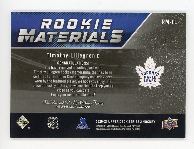 2020-2021 Timothy Liljegren Rookie Materials Upper Deck Toronto Maple Leafs # RM-TL