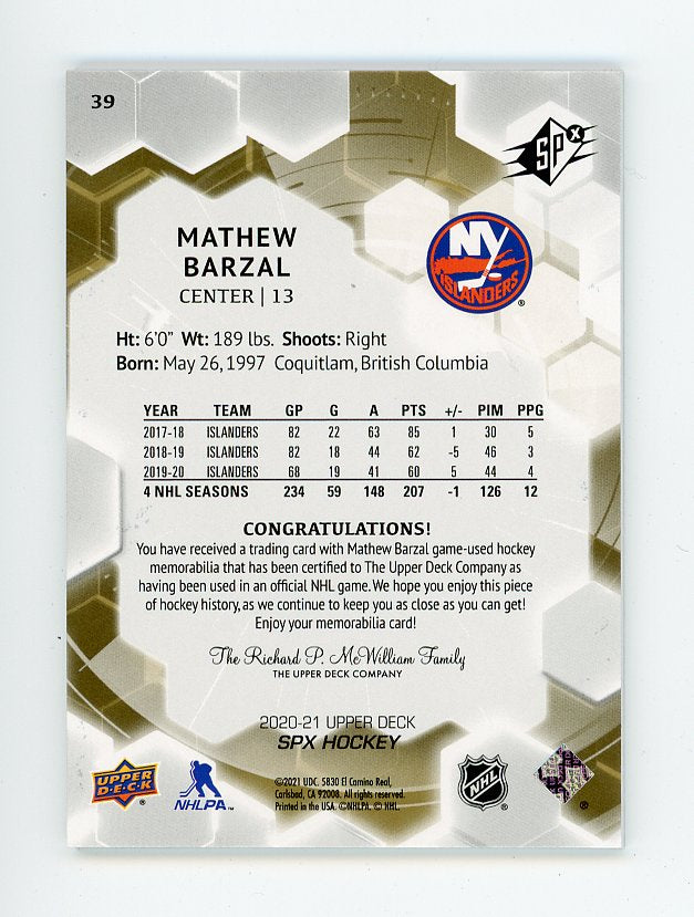 2021 Mathew Barzal Jersey SPX Upper Deck New York Islanders # 39