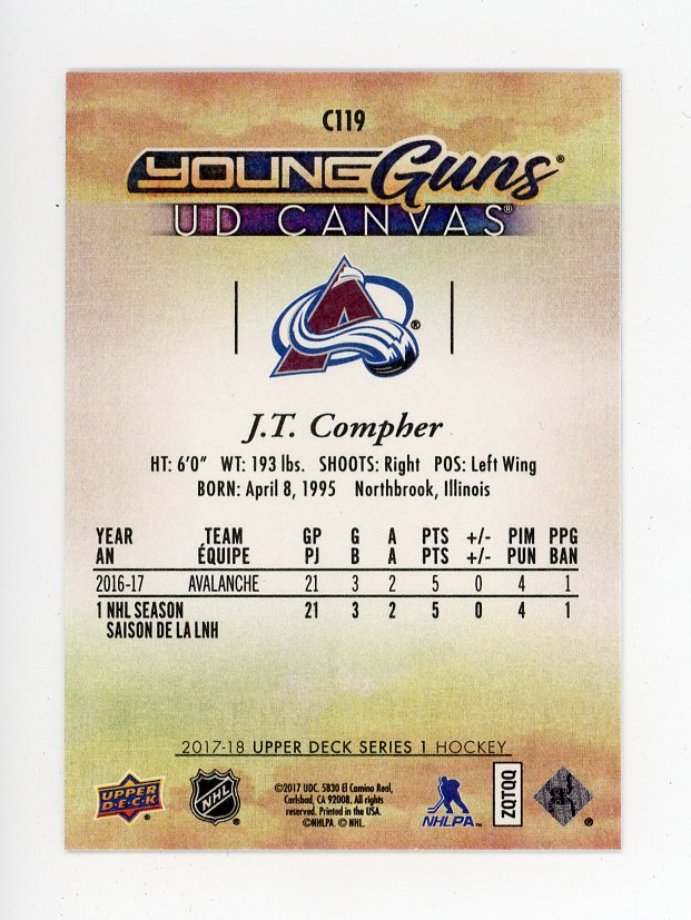2017-2018 J.T. Compher Young Guns Canvas Upper Deck Colorado Avalanche # C119