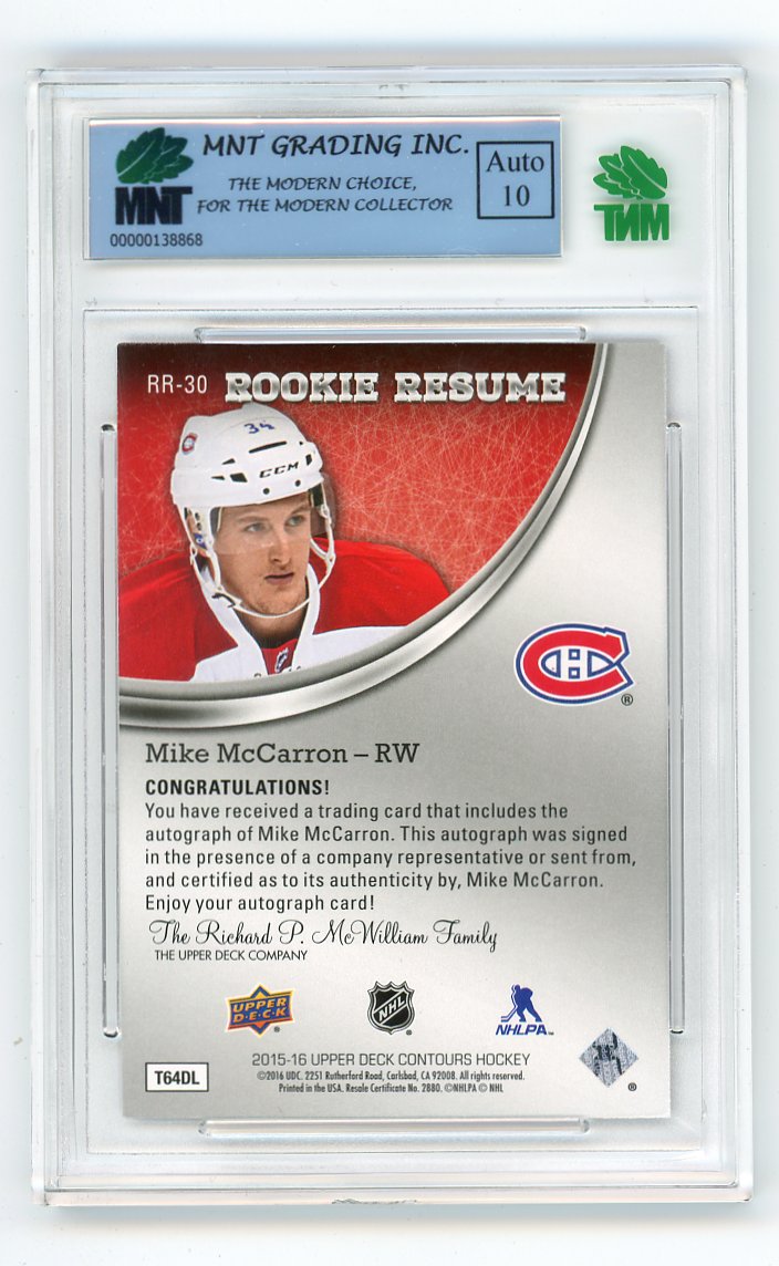 2015-2016 Mike Mccarron Rookie Resume Gold Rainbow Upper Deck Montreal Canadiens # RR-30