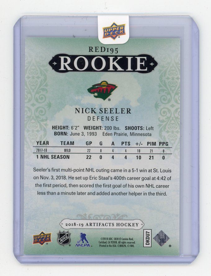 2018-2019 Nick Seeler Rookie #D /799 Artifacts Minnesota Wild # RED195