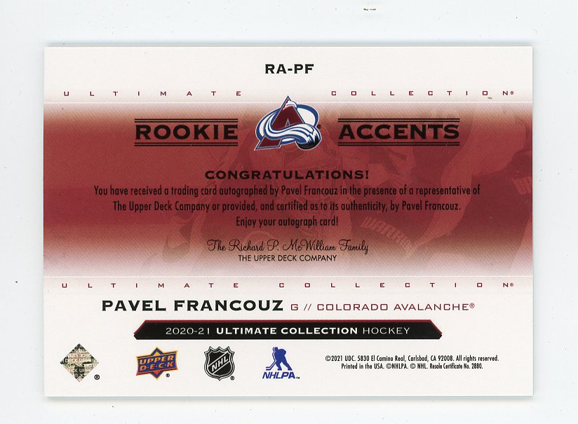 2020-2021 Pavel Francouz Rookie Accents #D /99 Ultimate Colorado Avalanche # RA-PF