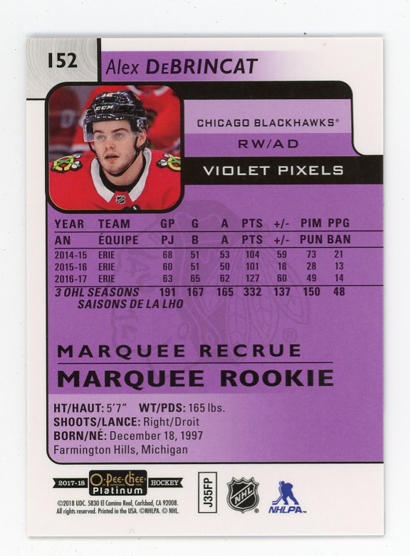 2017-2018 Alex Debrincat Marquee Rookie Violet Pixels O-Pee-Chee Chicago Blackhawks # 152