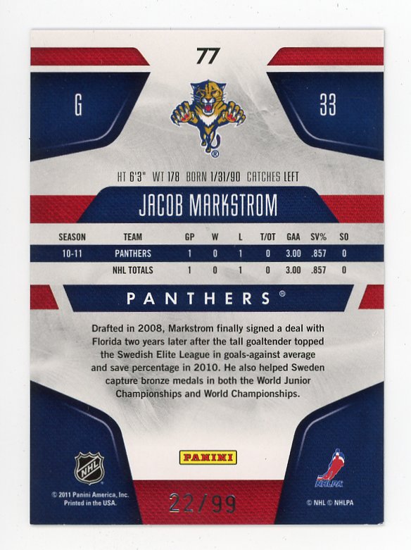 2012-2012 Jacob Markstrom Mirror #D /99 Panini Florida Panthers # 77