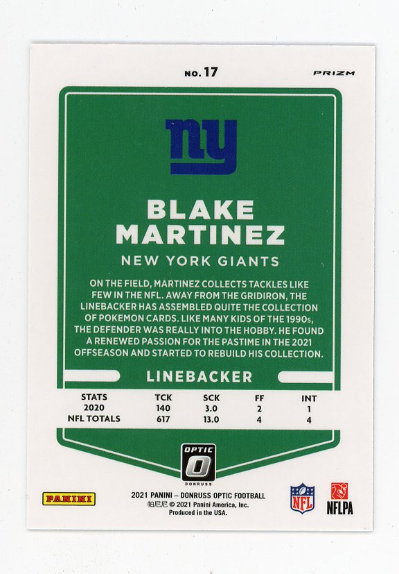 2021 Blake Martinez Rocket Donruss Optic Panini New York Giants # 17