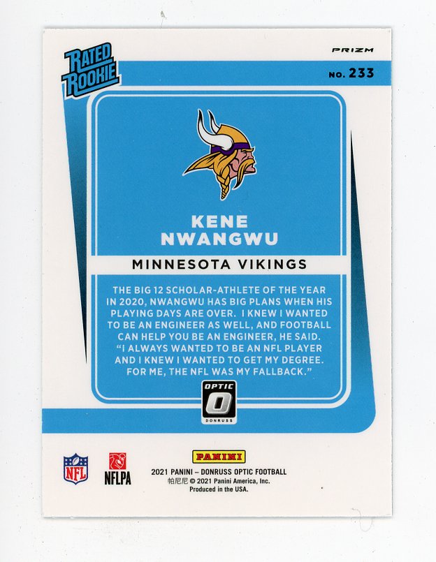 2021 Kene Nwangwu Rated Rookie Prizm Donruss Optic Panini Minnesota Vikings #233