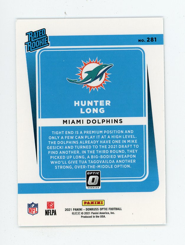 2021 Hunter Long Rated Rookie Panini Optic Miami Dolphins # 281
