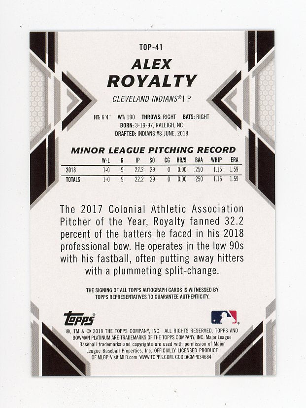 2019 Alex Royalty Bowman Platinum Auto Topps Cleveland Indians # TOP-41