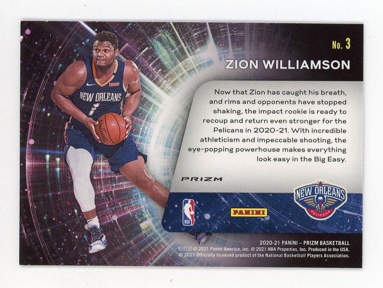 2020-2021 Zion Williamson Sophomore Stars Silver Prizm Panini New Orleans Pelicans # 3