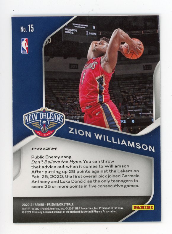 2020-2021 Zion Williamson Dominance Silver Prizm Panini New Orleans Pelicans # 15