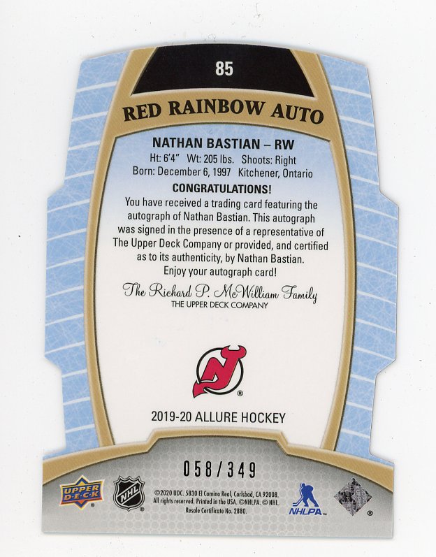 2019-2020 Nathan Bastian Red Rainbow Auto #D /349 Allure New Jersey Devils # 85