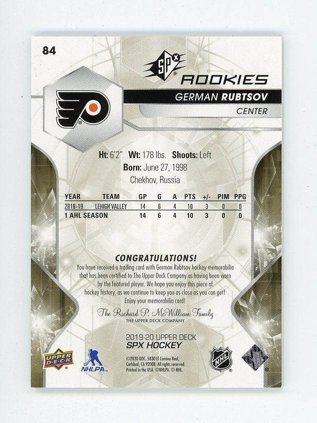 2019-2020 German Rubtsov Rookie Jersey #D /399 SPX Philadelphia Flyers # 84