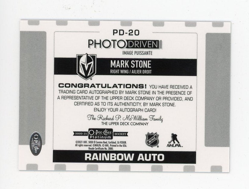2021 Mark Stone Photo Driven Rainbow Auto O-Pee-Chee Las Vegas Golden Knights # PD-20