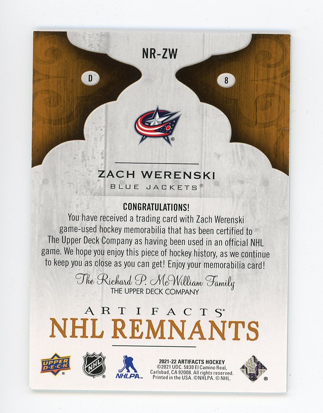 2021-2022 Zach Werenski NHL Remnants Artifacts Columbus Blue Jackets # NR-ZW