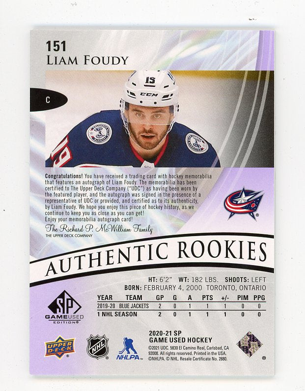 2020-2021 Liam Foudy Authentic Rookies Auto #D /65 SP Game Used Columbus Blue Jackets # 151