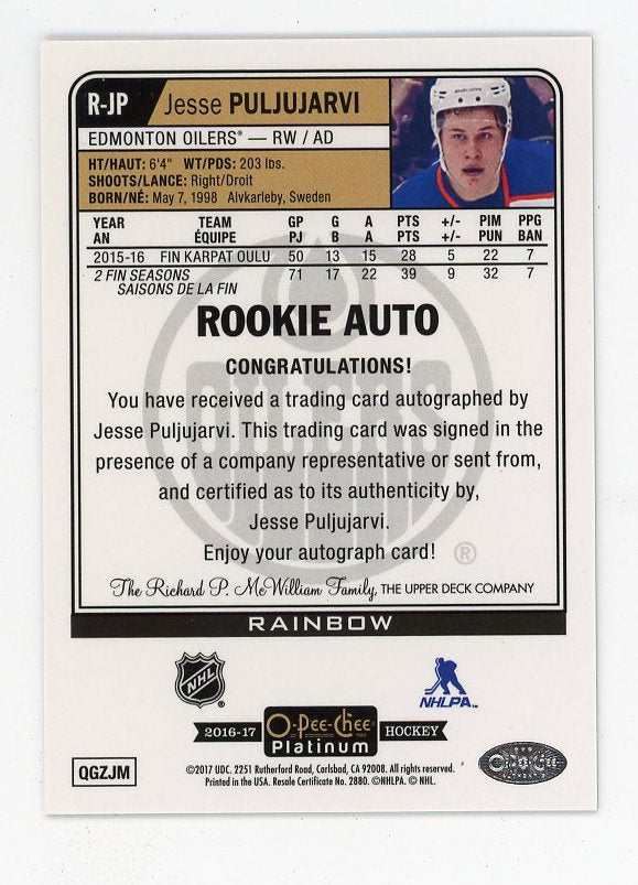 2016-2017 Jesse Puljujarvi Rookie Auto O-Pee-Chee Edmonton Oilers # R-JP