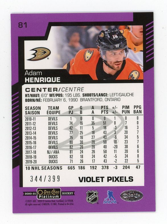 2020-2021 Adam Henrique #d /399 Violet Pixels OPC Anaheim Ducks # 81