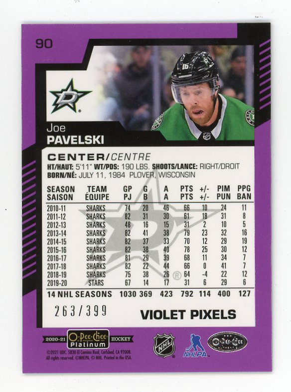 2020-2021 Joe Pavelski #d /399 Violet Pixels OPC Dallas Stars # 90