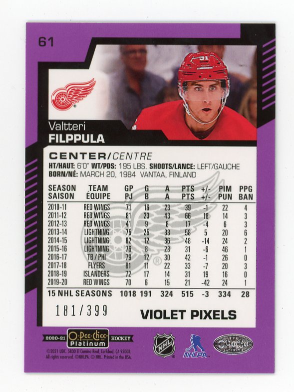 2020-2021 Valtteri Filppula #d /399 Violet Pixels OPC Detroit Red Wings # 61