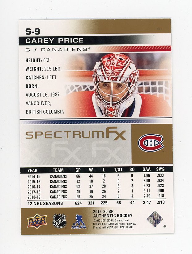 2019-2020 Carey Price Spectrum FX #D /50 SP Authentic Montreal Canadiens # S-9