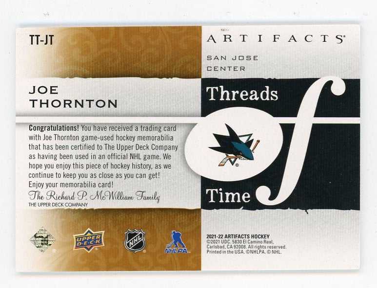 2021-2022 Joe Thornton Threads Of Time Artifacts San Jose Sharks # TT-JT