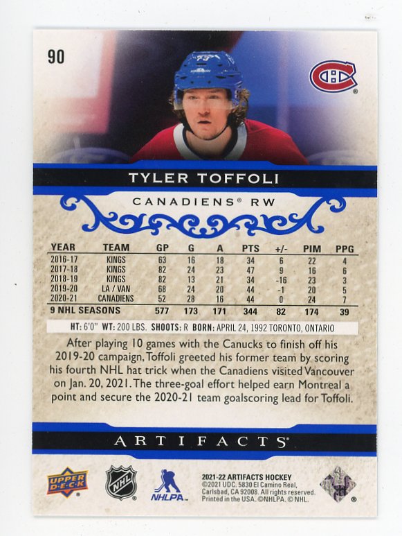 2021-2022 Tyler Toffoli #D /199 Artifacts Montreal Canadiens #90