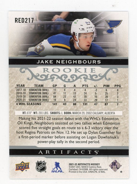 2021-2022 Jake Neighbours Rookie #D /999 Artifacts St.Louis Blues # RED217