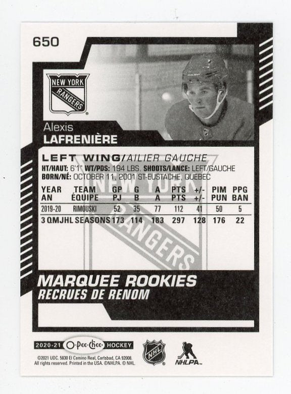 2020-2021 Alexis Lafreniere Marquee Rookies Upper Deck New York Rangers # 650