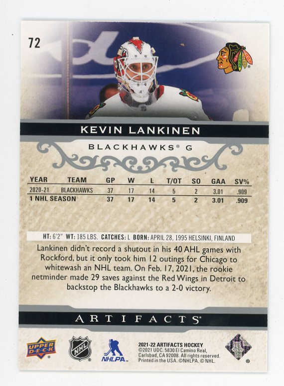 2021-2022 Kevin Lankinen Artifacts #D /299 Upper Deck Chicago Blackhawks # 72
