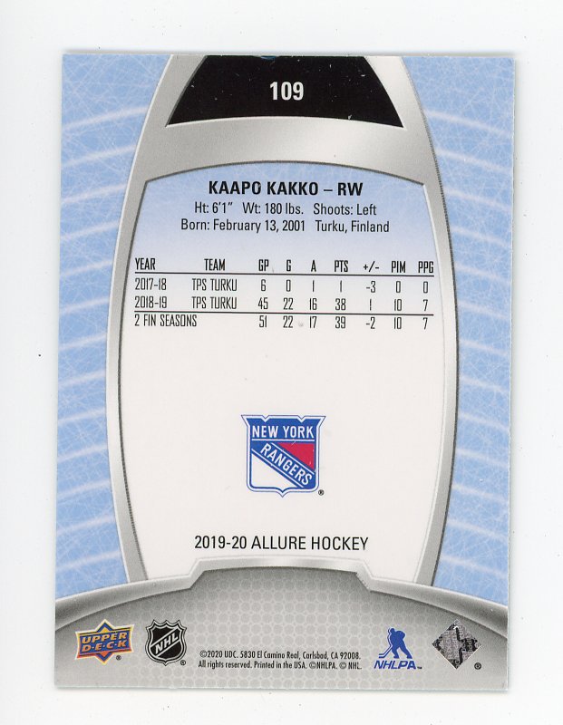 2019-2020 Kaapo Kakko Rookie Allure New York Rangers #109