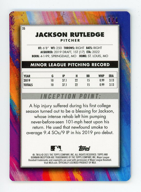 2021 Jackson Rutledge Printing Plate 1/1 Topps Washington Nationals # 35