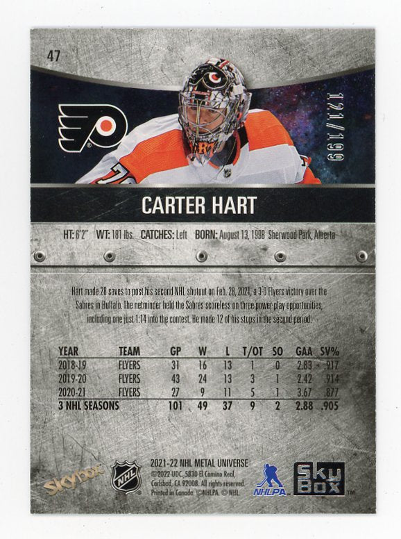2021-2022 Carter Hart Purple #D /199 Metal Universe Philadelphia Flyers # 47