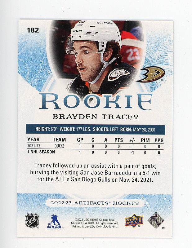 2021-2022 Brayden Tracey Rookie Turquoise Artifacts Anaheim Ducks # 182