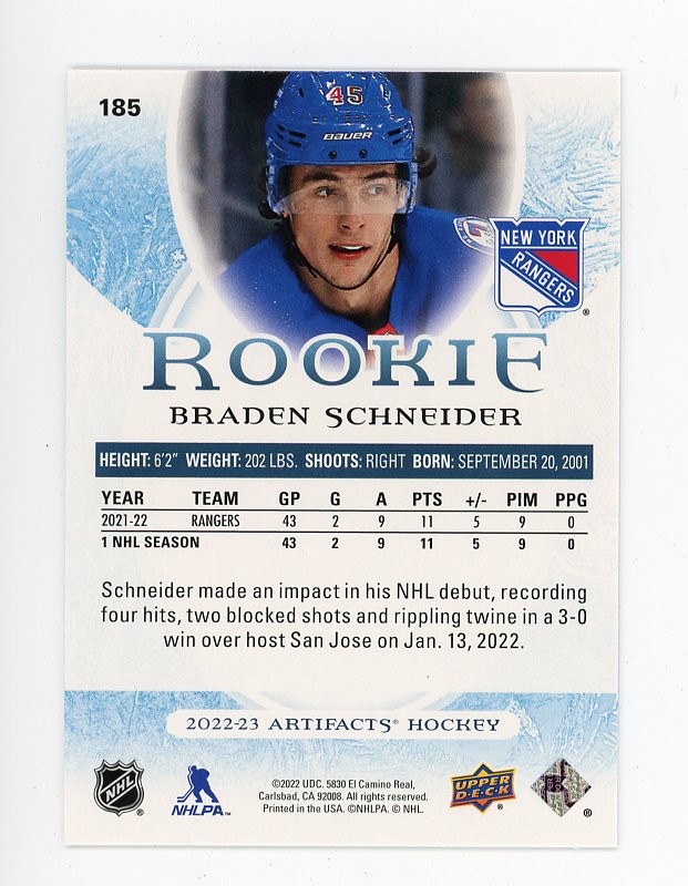 2021-2022 Braden Schneider Rookie Turquoise Artifacts New York Rangers # 185