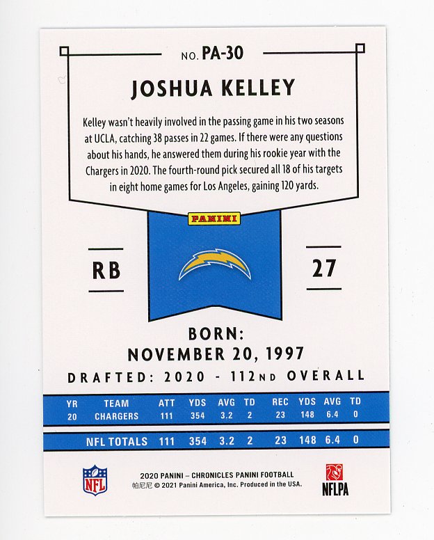 2020 Joshua Kelley Rookie Pink Chronicles Los Angeles Chargers # PA-30