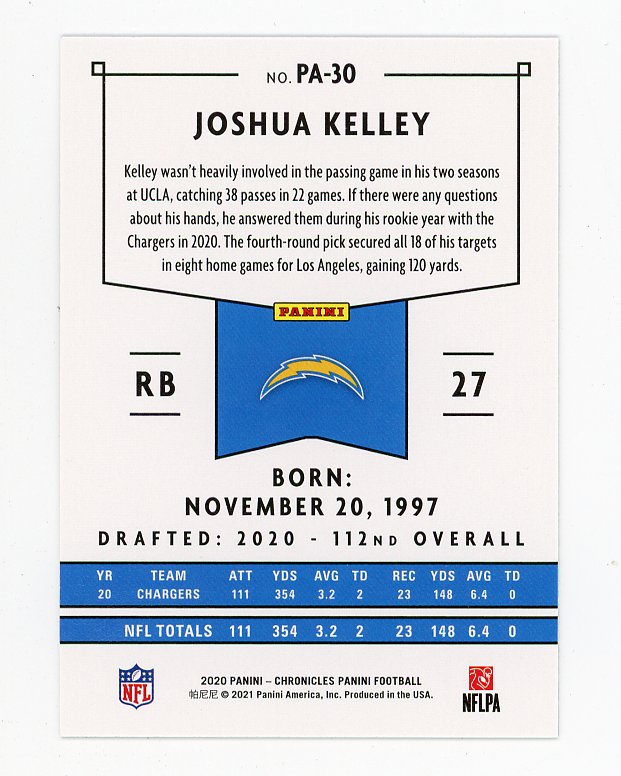 2020 Joshua Kelley Rookie Chronicles Los Angeles Chargers # PA-30