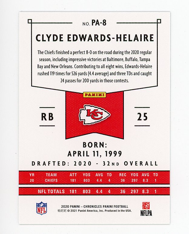 2020 Clyde Edwards-Helaire Rookie Chronicles Kansas City Chiefs # PA-8