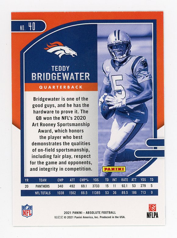 2021 Teddy Bridgewater Green Foil Absolute Denver Broncos # 40
