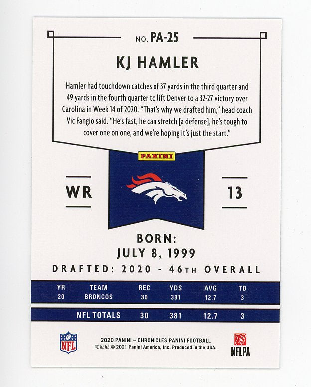 2020 KJ Hamler Rookie Chronicles Denver Broncos # PA-25