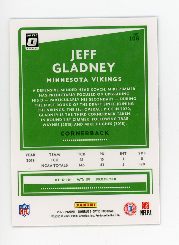 2020 Jeff Gladney Rookie Donruss Minnesota Vikings # 108