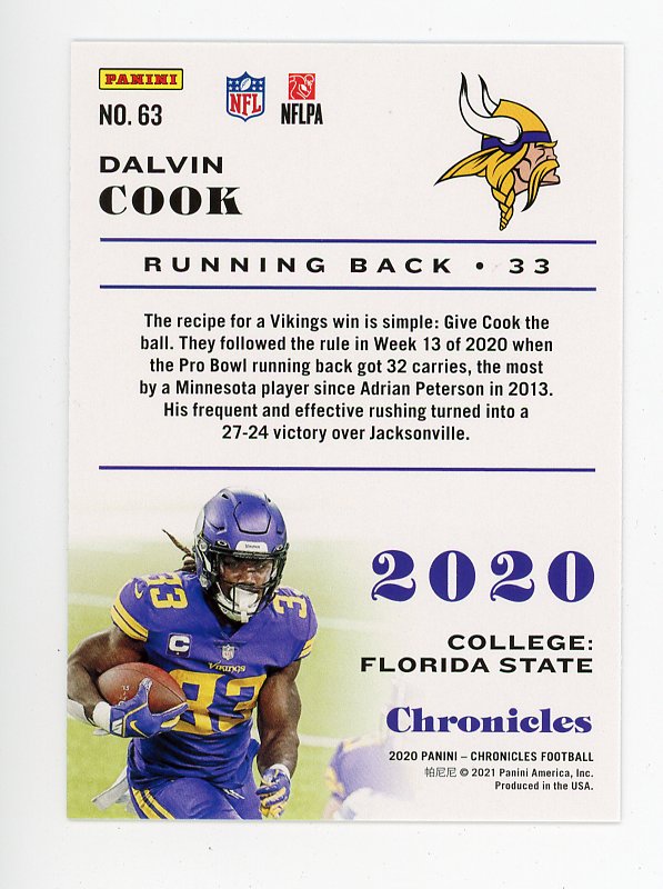 2020 Dalvin Cook Rookie Pink Chronicles Minnesota Vikings # 63