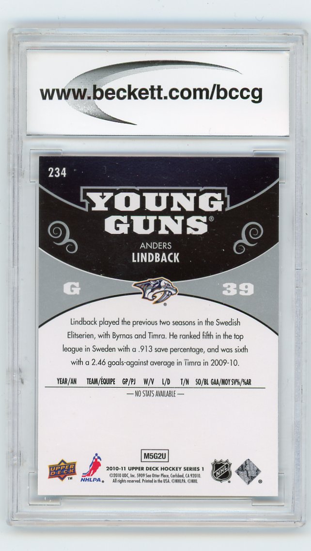 2010-2011 Anders Lindback Young Guns BCCG 10 Upper Deck Nashville Predators # 234