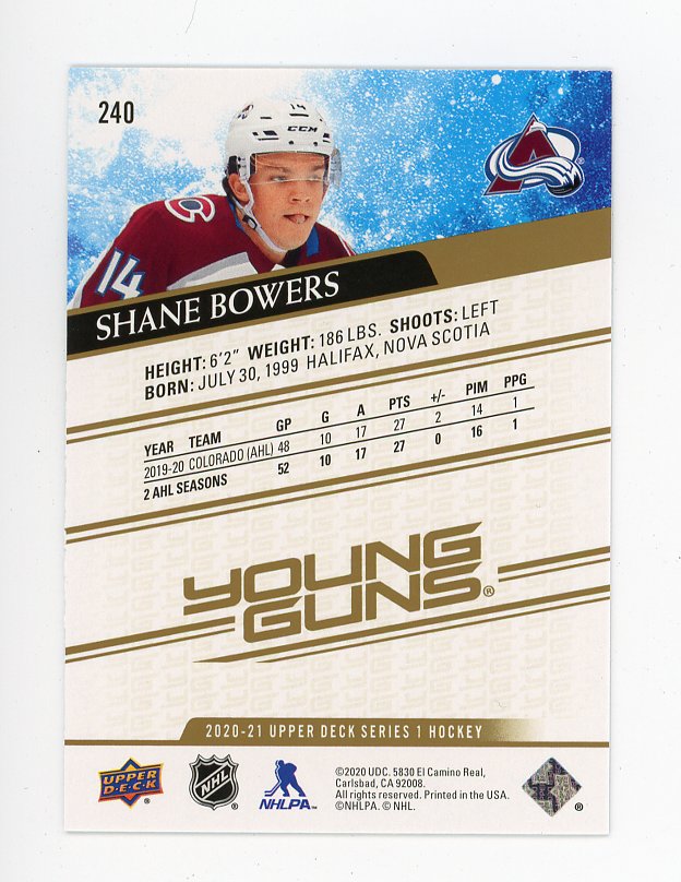 2020-2021 Shane Bowers Young Guns Rainbow Speckle Upper Deck Colorado Avalanche # 240