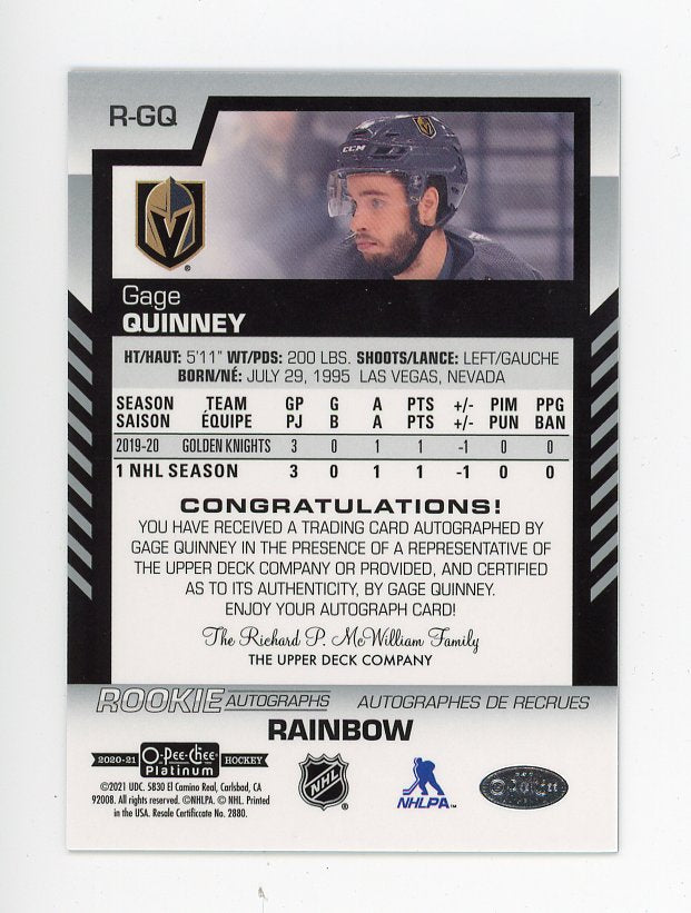 2020-2021 Gage Quinney Rookie Autographs OPC Las Vegas Golden Knights # R-GQ