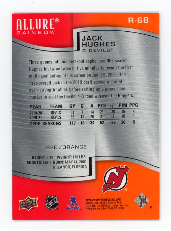 2021-2022 Jack Hughes Red / Orange Allure New Jersey Devils # R-68