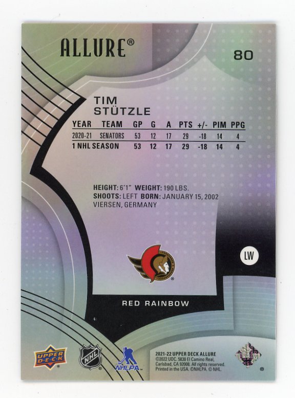 2021-2022 Tim Stutzle Red Rainbow Allure Ottawa Senators # 80